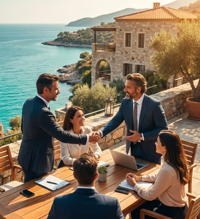 Deniz manzaralı bir terasta el sıkışan iş insanları
